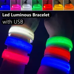 Correa para el brazo, pulsera luminosa LED, correa de muñeca deportiva USB ajustable que brilla en la oscuridad, suministros para fiestas, pulsera luminosa Unisex