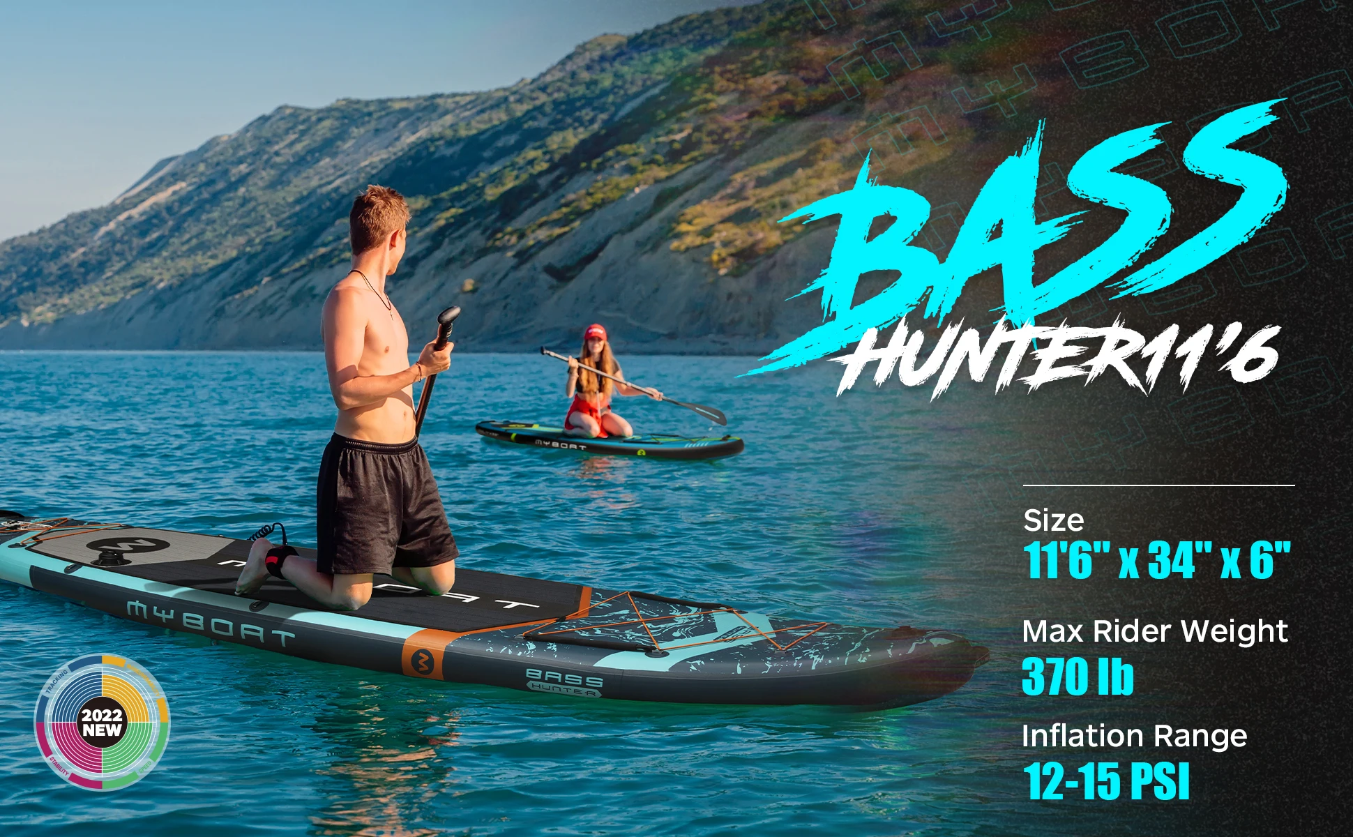 Explore el bajo Hunter16 un panel de pala inflable versátil y duradero diseñado para la aventura y la relajación en el agua