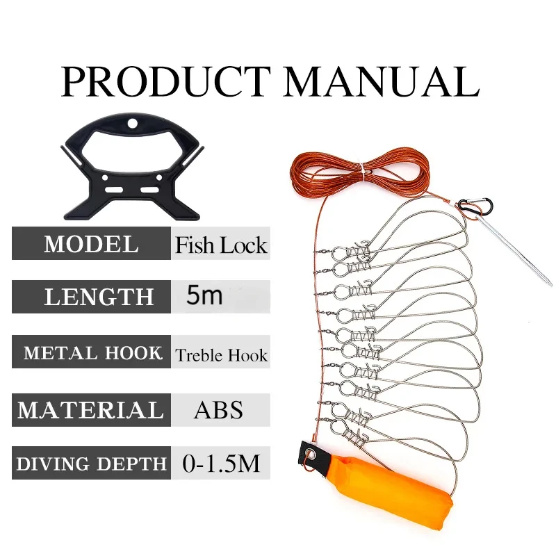 Candado de pesca de 5M, herramientas de hebilla de pesca, hebilla de bloqueo de pesca con carrete, cordón de acero inoxidable, cinturón de bloqueo de pescado, aparejos de pesca Stringer - imagen 2