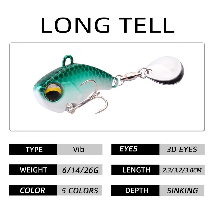 Señuelos de Pesca oscilantes giratorios de Metal Vib cola vibratoria Pesca de invierno 6g 14g 26g cebos duros artificiales Jig Spinner cuchara Pesca - imagen 4