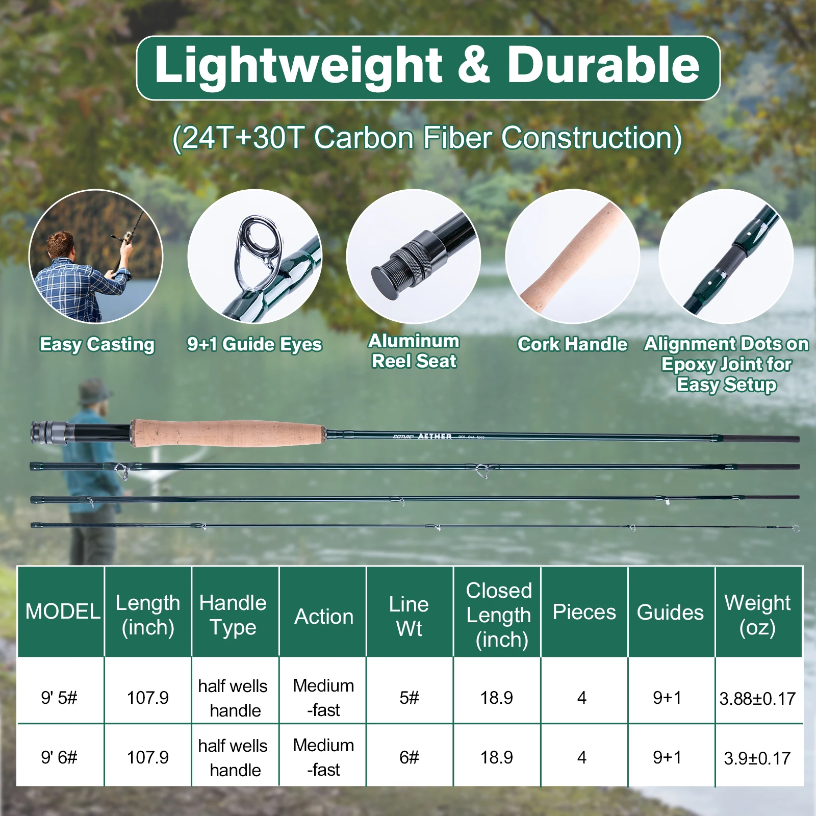 Juego de aparejos de pesca GOTURE, caña de fibra de carbono ultraligera 5/6, carrete, bolsa y 30 moscas, juego completo de equipo de pesca con mosca para lubina - imagen 4