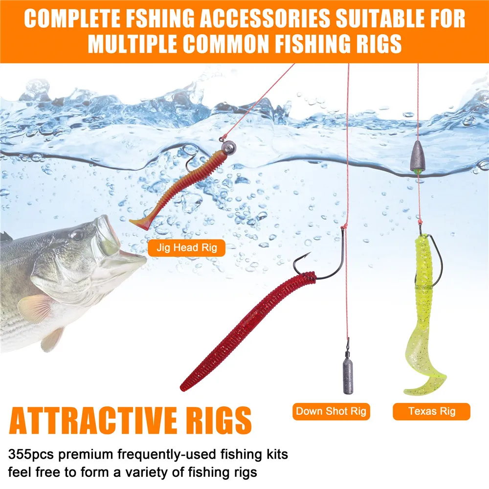 Kit de accesorios para equipo de pesca, caja de aparejos de pesca, anzuelos malvajes, cabeza de anzuelo giratoria, peso de tiro directo, 355 Uds. - imagen 4