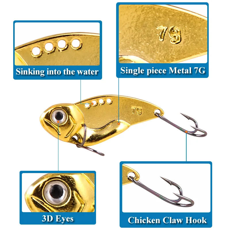 Señuelos de Pesca Vib de Metal, 5mm, 7,8g, vibraciones vívidas, Spoonbait señuelo, cebo duro Artificial, VIB, ojos 3d, cuchara Wobble - imagen 3