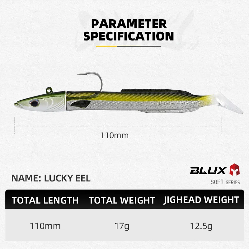 BLUX Happy Sandeel 11cm 17g suave Anguila viva señuelo de pesca paleta cola Jig cabeza gancho vinílicos vibración cebo Artificial equipo de agua salada - imagen 3