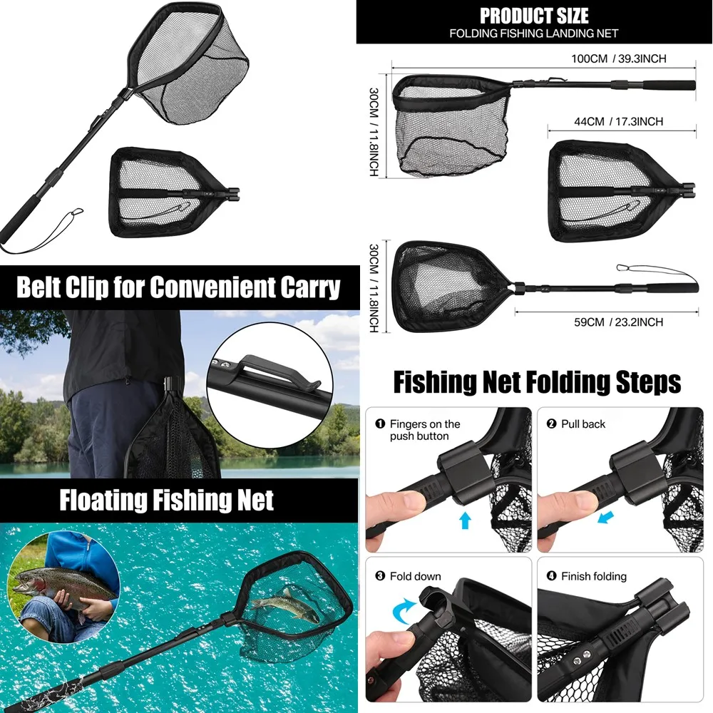 Red de aterrizaje de pesca plegable con mango de poste telescópico, extender a 190cm, 100cm, 80cm, red de pesca para agua dulce y salada - imagen 5