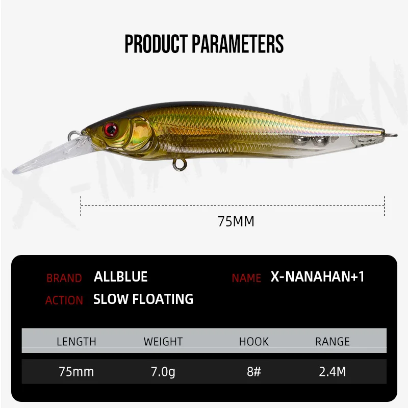 ALLBLUE X-NANAHAN + 1 señuelo de pesca de pececillo de buceo profundo 75mm 7g de profundidad 0-2M cebo Artificial flotante lento magnético Wobbler Bass Pike - imagen 3