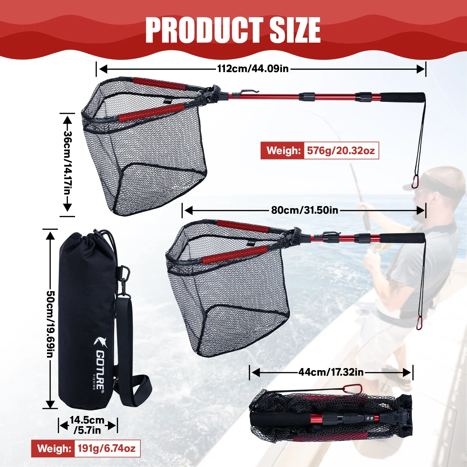 Red de pesca Goture, red de aterrizaje plegable telescópica, poste retráctil para Kayak/pez-gato/barro marino/grabes, aparejos de liberación para atrapar - imagen 3