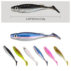Swolfy, 10 Uds., 65mm/2,8g, pequeños peces reales, cola en T, cebos blandos, señuelo 3D, ojo de pez, Wobblers artificiales, juego de pesca Swimbait de silicona