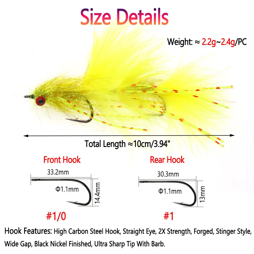 Señuelo de pesca duradero de colores brillantes con especificaciones detalladas de tamaño y gancho