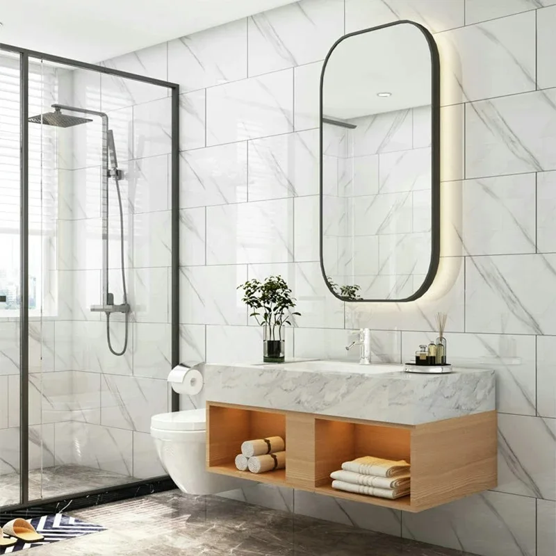 Pegatina de pared de azulejo de imitación de mármol, autoadhesiva, pegatina de cocina a prueba de aceite, papel tapiz de pared de fondo impermeable para baño - imagen 5