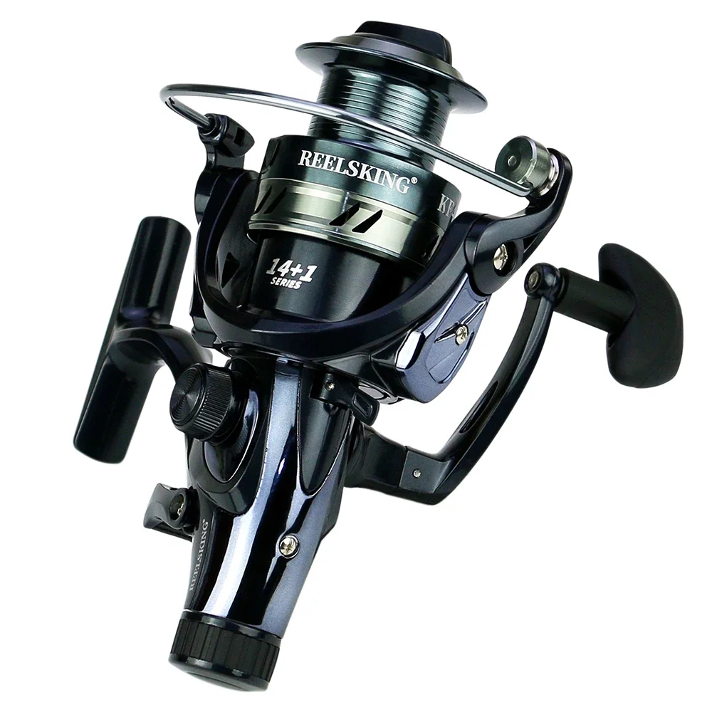 Carrete giratorio de Metal para carpa, 14 + 1BB, eje de acero inoxidable, rueda de arrastre trasera, calamar con alarma de mordida de pescado - imagen 5