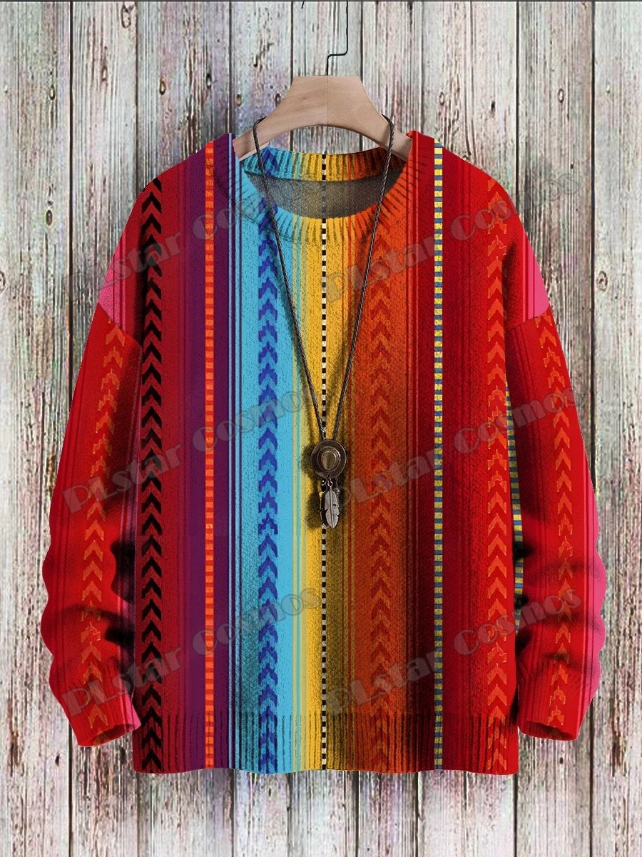 KMY39-suéter de punto informal para hombre y mujer, jersey de cuello redondo con estampado 3D de arte a rayas Multicolor, Estilo Vintage, Invierno