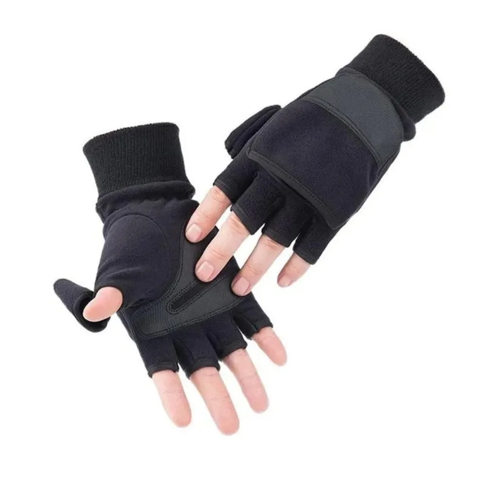 Guantes de invierno negros de alta calidad, cubierta abatible, guantes de montar de medio dedo, guantes de pesca cálidos y transpirables, Unisex - imagen 2