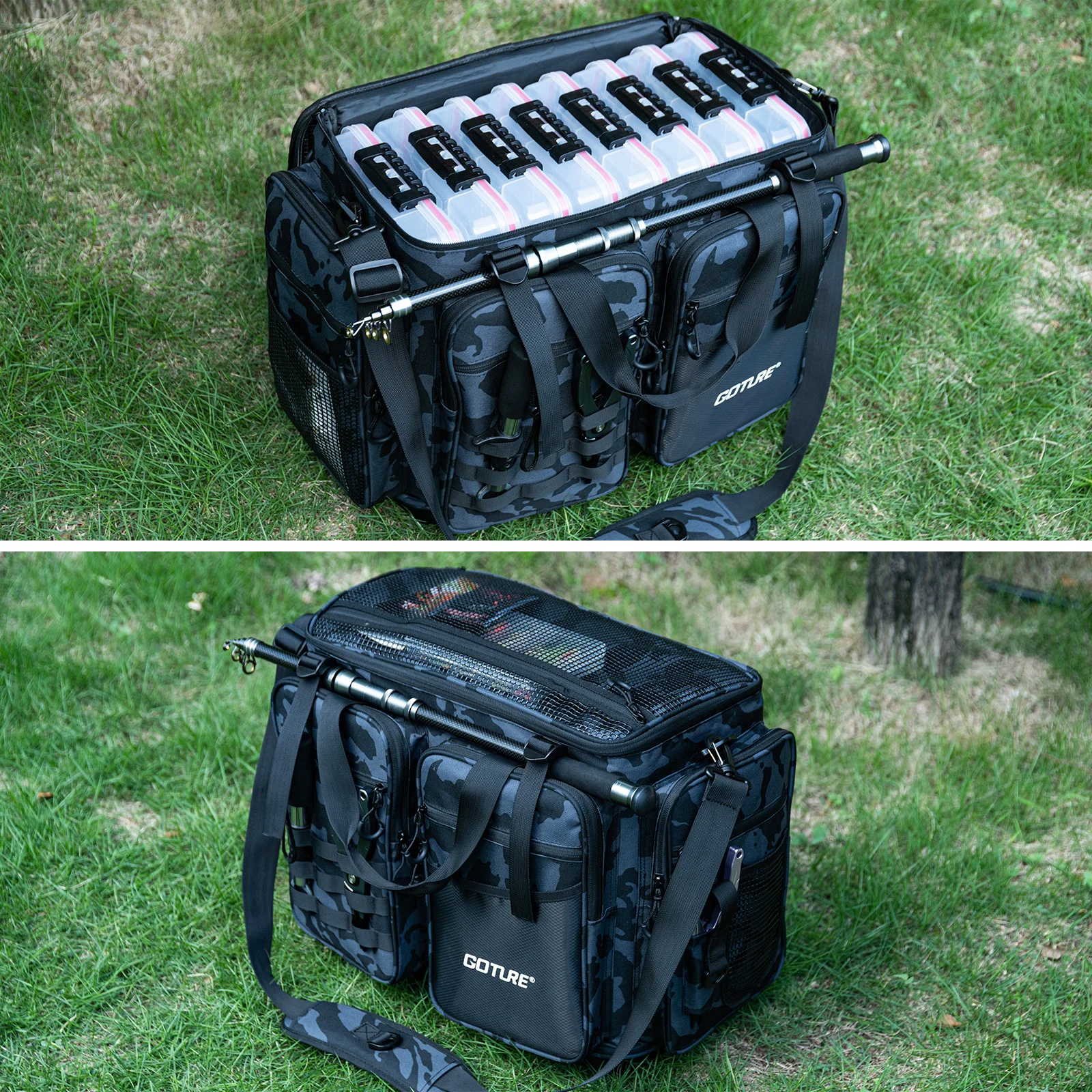 Goture-Bolsa de almacenamiento de equipo de señuelo impermeable, bolsas de aparejos de pesca, fondo de EVA de gran capacidad de 65L, bolsa de tela Oxford 600D multifuncional