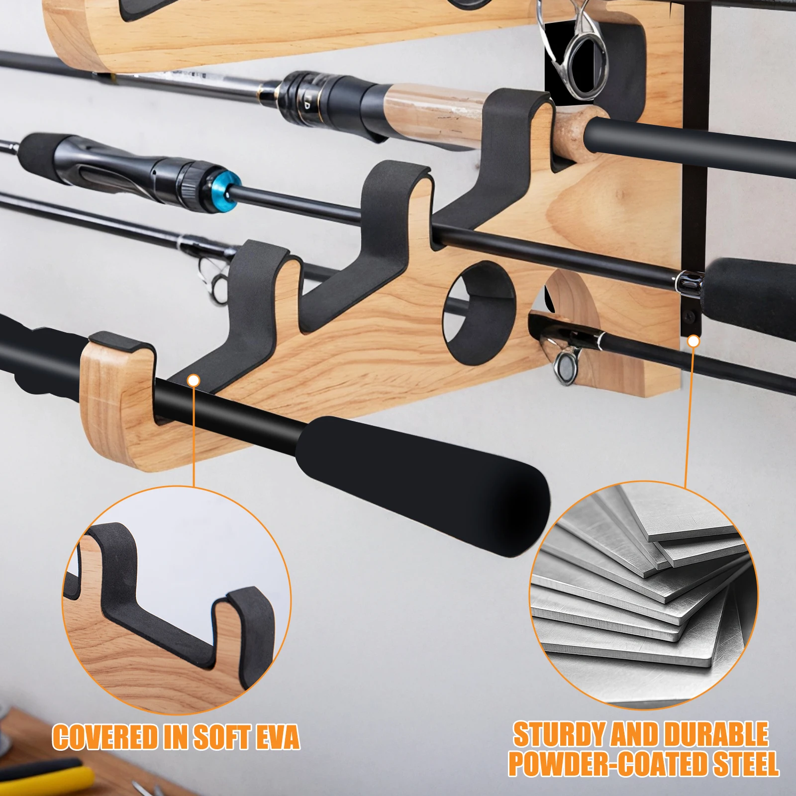 Soporte para caña de pescar Goture para garaje, estante para caña de pescar montado en la pared con almohadilla protectora suave, herramienta organizadora de almacenamiento para caña de pescar - imagen 5