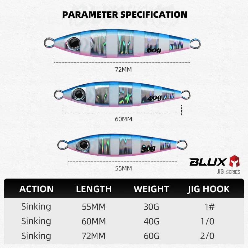 BLUX Blade Shotel Casting Jig 30g 40g 60g cuchara de Jigging de Metal caballa española bajo fuera de la costa cebo Artificial aparejos de agua salada - imagen 2