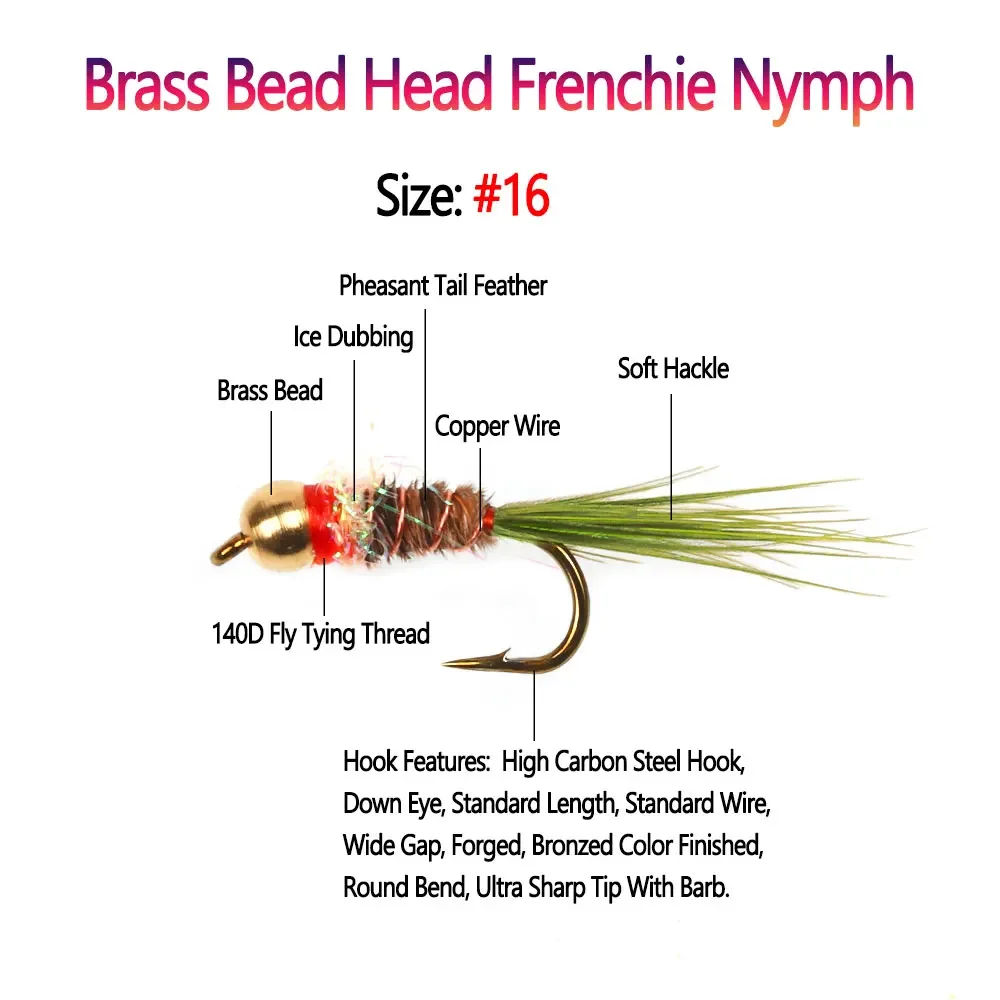 Bimoo-Cabeza de cuentas de latón para pesca de trucha, 8 piezas, n. ° 16, francés, cola de faisán, púas, mosca húmeda, ninfas europeas, señuelos - imagen 2