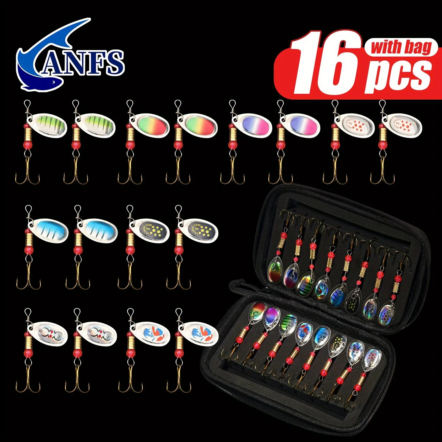 ANFS 16 Uds. Señuelos de pesca de Metal duro-señuelos de trucha, hilanderos de pesca, señuelos giratorios con bolsa de transporte portátil, Kit de Señuelos de Pesca con cuchara - imagen 4