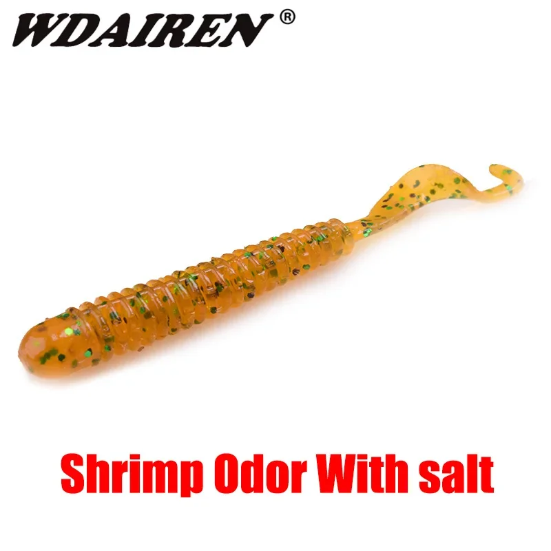 10 Uds gusanos cebo suave de silicona 6,5 cm 1,3g Jig Wobblers Señuelos de pesca atractivo olor a camarón sal cola giratoria aparejos de carpa lubina - imagen 4