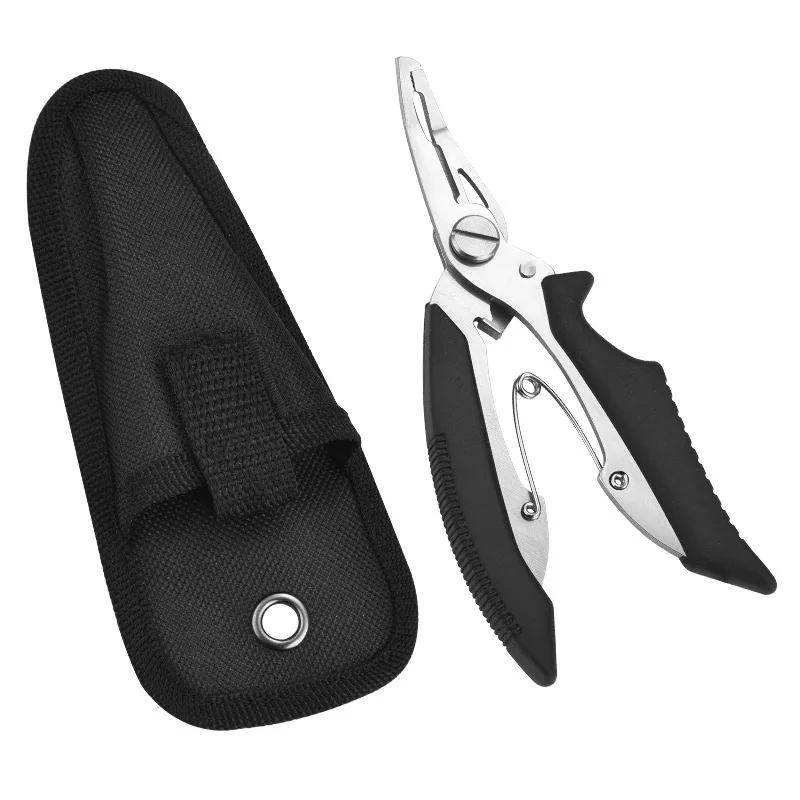 Alicates de pesca multifuncionales, tijeras, cortador de línea, removedor de anzuelos, accesorios de abrazadera de pesca, herramientas con bolsa, color negro, 1 Uds.