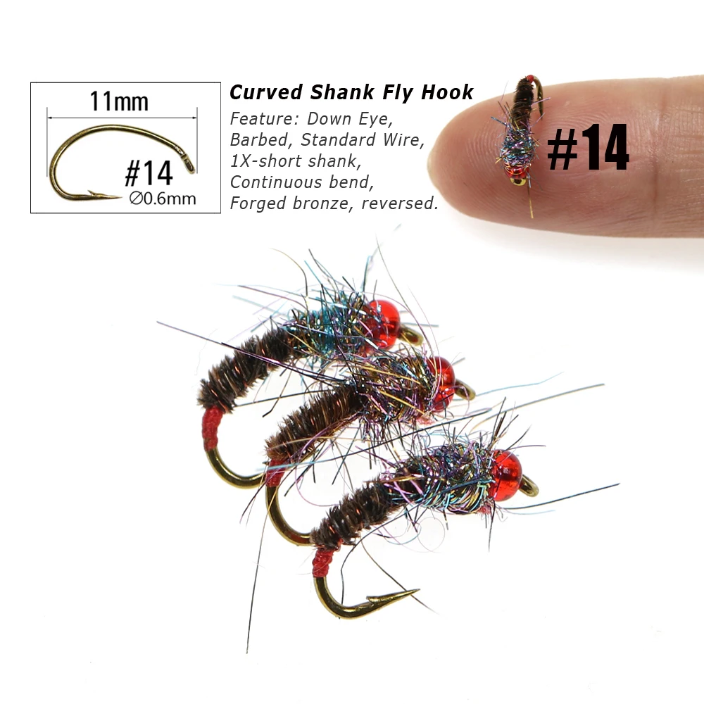 Wifreo 6PCS # 14 cabeza de cuentas rojas de plástico Midge ninfa pavo real Herl Hackle mosca atado gancho Arco Iris trucha pesca de lubina moscas señuelos cebo - imagen 3