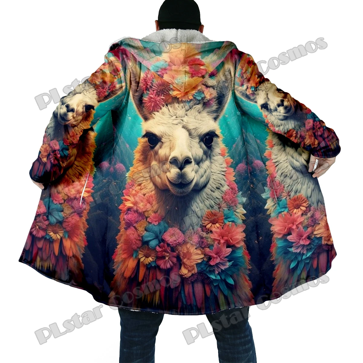 Capa de invierno a la moda para hombre, capa con capucha de lana gruesa con estampado 3D de unicornio y alces, capa cálida informal Unisex DP38 - imagen 3