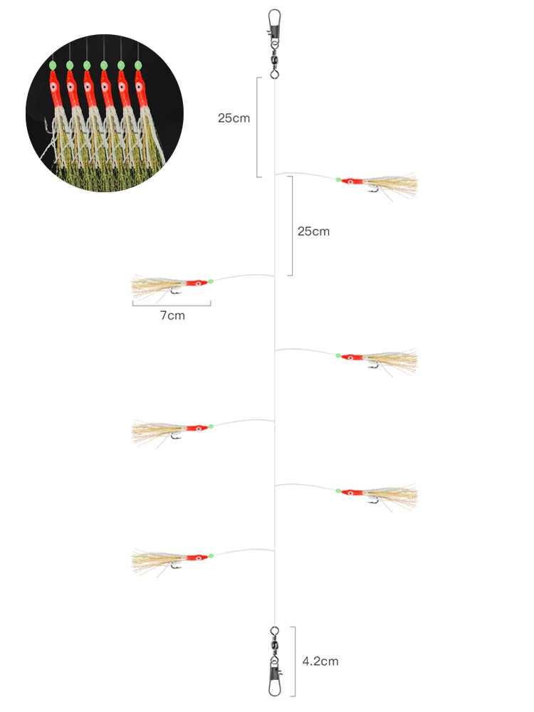 Aparejos de pesca luminosos con cuentas fluorescentes y anzuelos