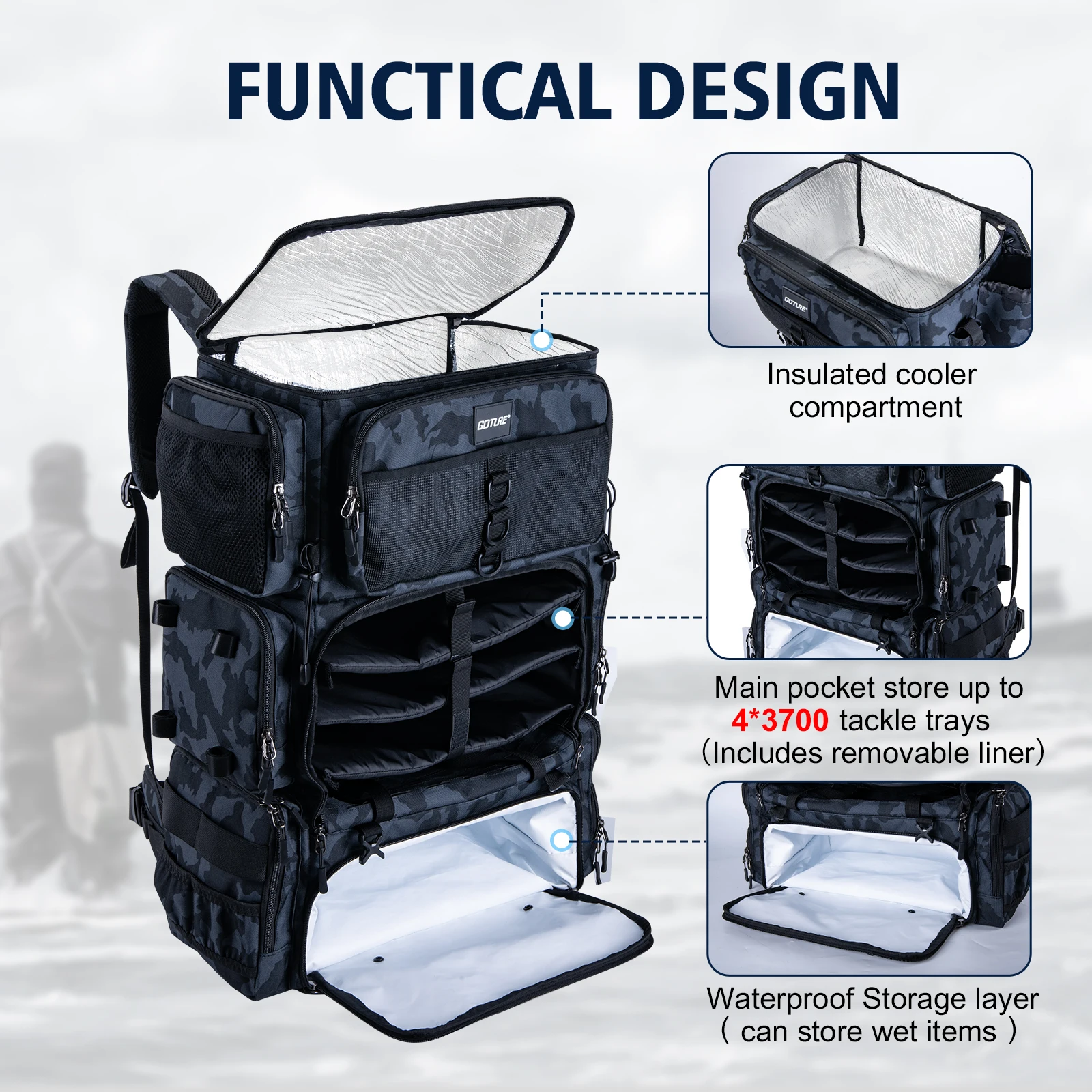 Mochila de pesca Goture con refrigerador, bolsa grande de aparejos 600D de 72L con soportes para varillas, compartimento dividido seco y húmedo para viajes y acampadas - imagen 4