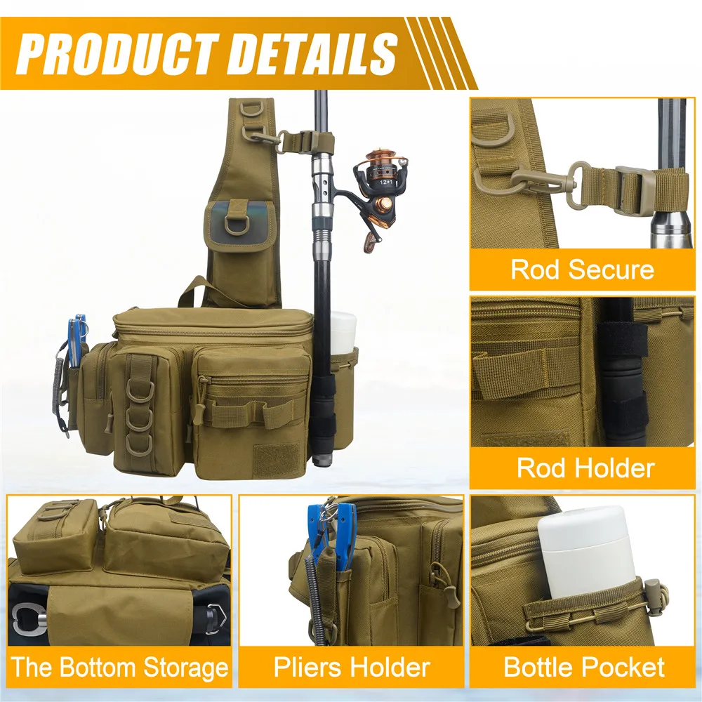 Este organizador de equipo de pesca táctica cuenta con soportes de caña seguros de almacenamiento amplio y un bolsillo de botella versátil para conveniencia