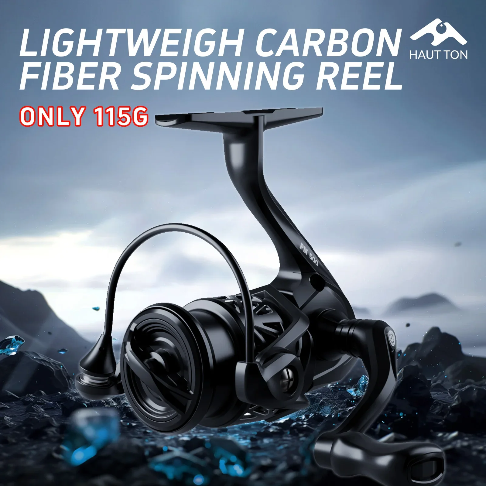 Carrete giratorio de pesca de fibra de carbono ultraligero negro, 5 + 1 rodamientos de bolas lisos, solo serie 1000 115 g, agitador atornillado