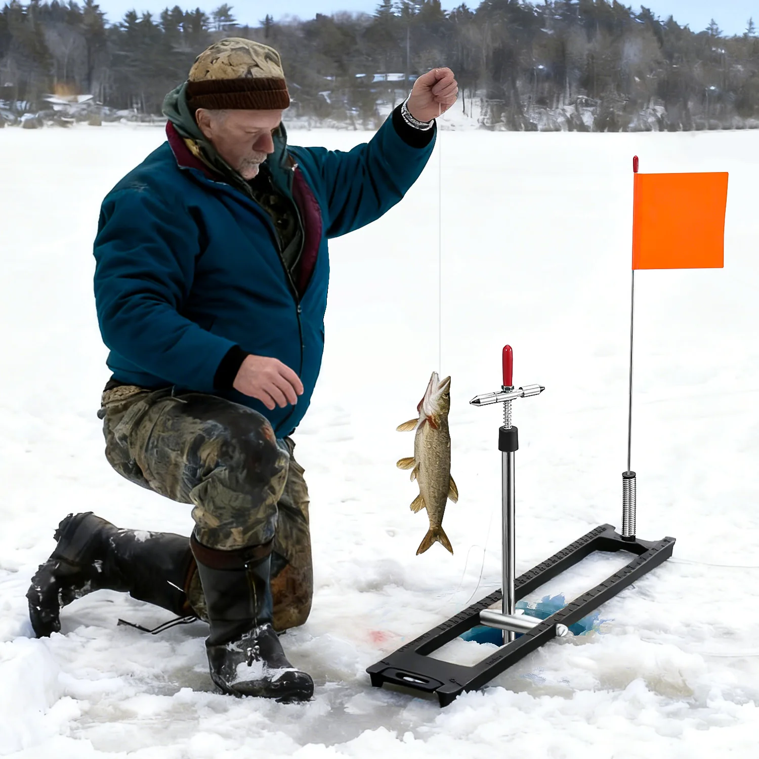 Sougayilang Tip-Up Pesca en Hielo – Gatillo Doble y Bandera Naranja - imagen 2