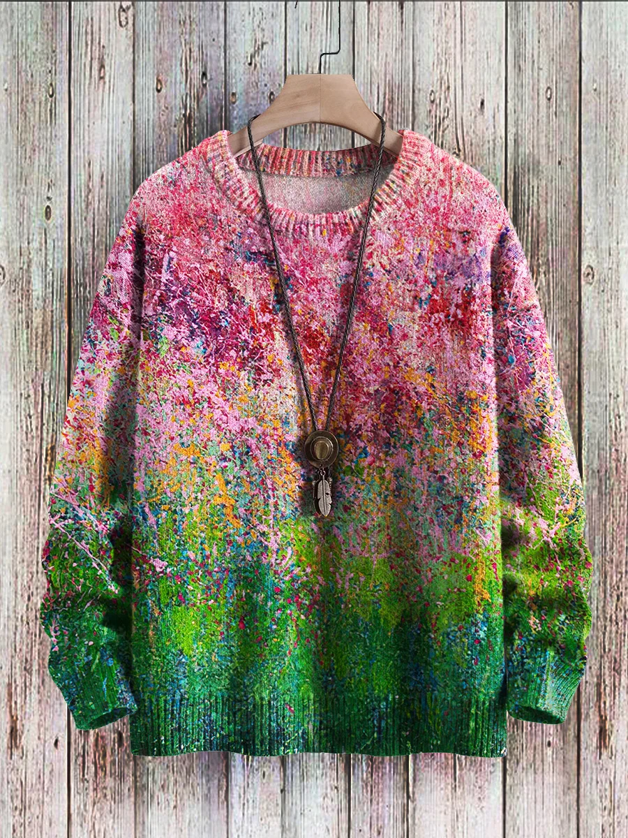 Jersey de punto informal Unisex de invierno, suéter con estampado de arte Retro, suéter de manga larga con cuello redondo a la moda, sudadera KMY40 - imagen 5