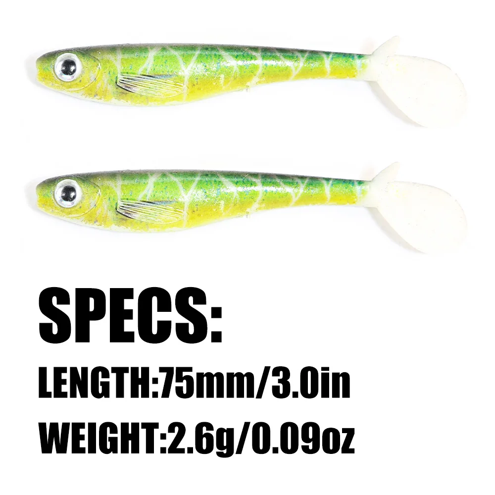 B & U 3 uds 75mm Shad suave Swimbait señuelo de Pesca Wobblers para Lucio Zander Bass Paddle T cola Pesca señuelo de pescado falso - imagen 2