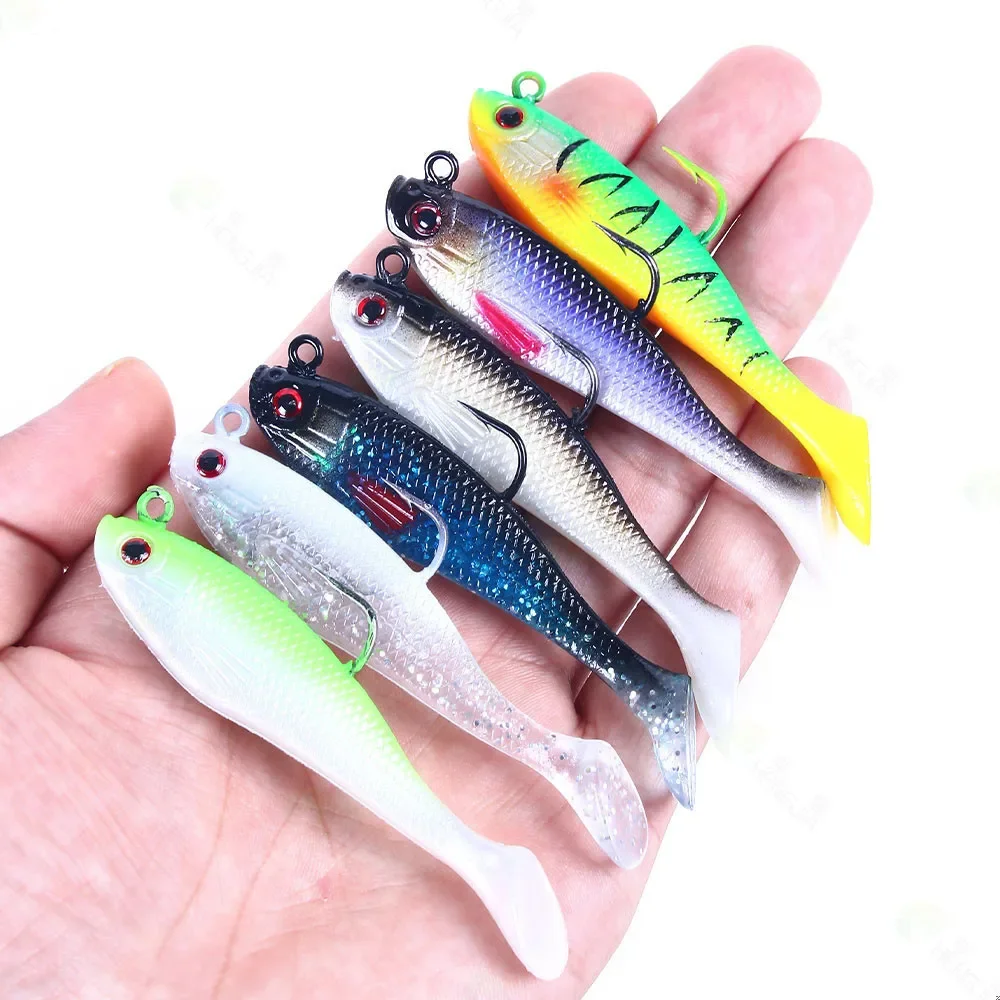 Señuelo de pesca de goma Artificial, cabeza de Jigs de pesca en el mar, cebo suave de silicona, Wobbler de cola en T, aparejos de pesca Swimbait, 80MM, 10g - imagen 4