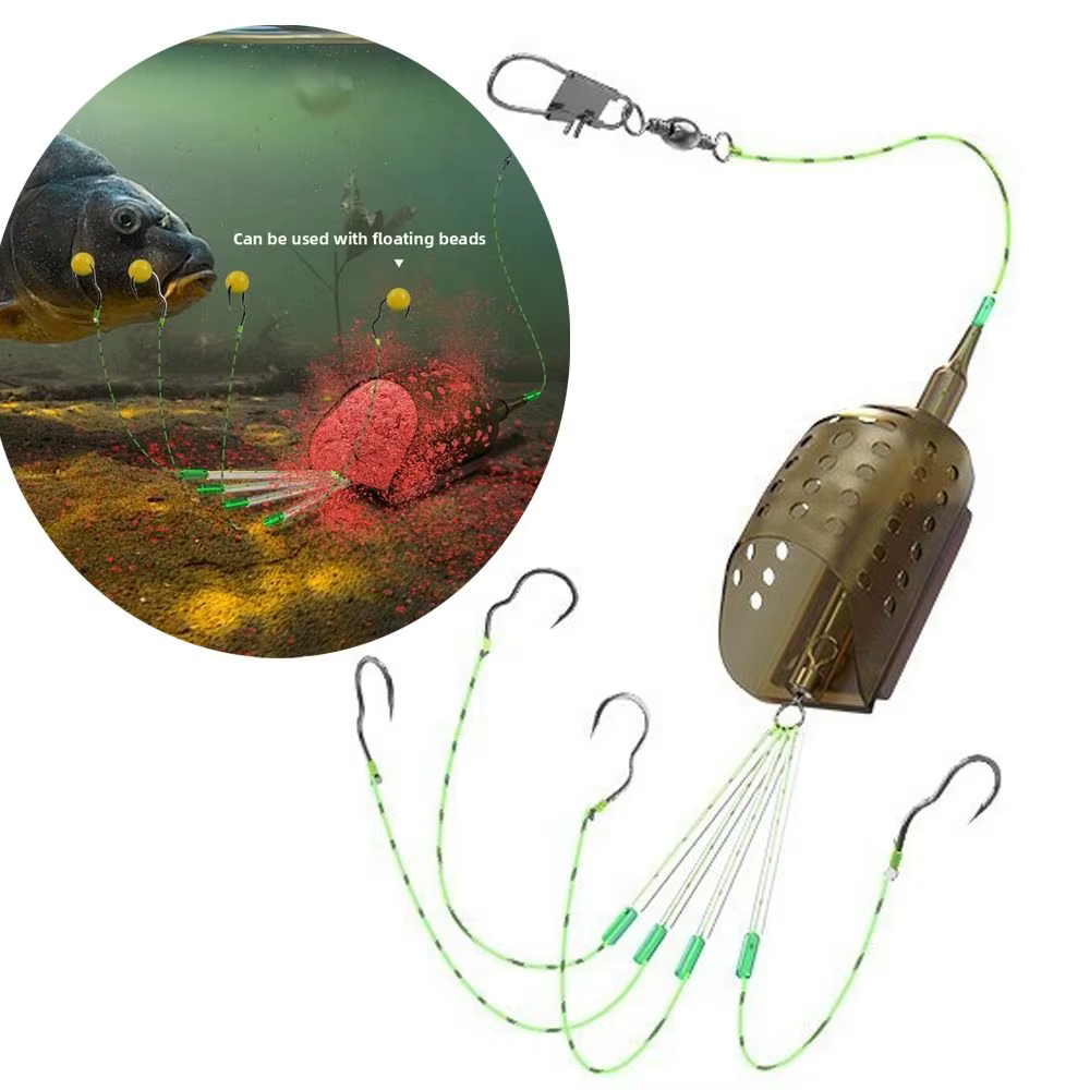 Jaula para cebo de pesca de aleación de aluminio, grupo de flotadores de cuatro anzuelos, juego de pesca con cuatro anzuelos, jaula para cebo, diseño antienredos, flotador de jaula para cebo - imagen 5