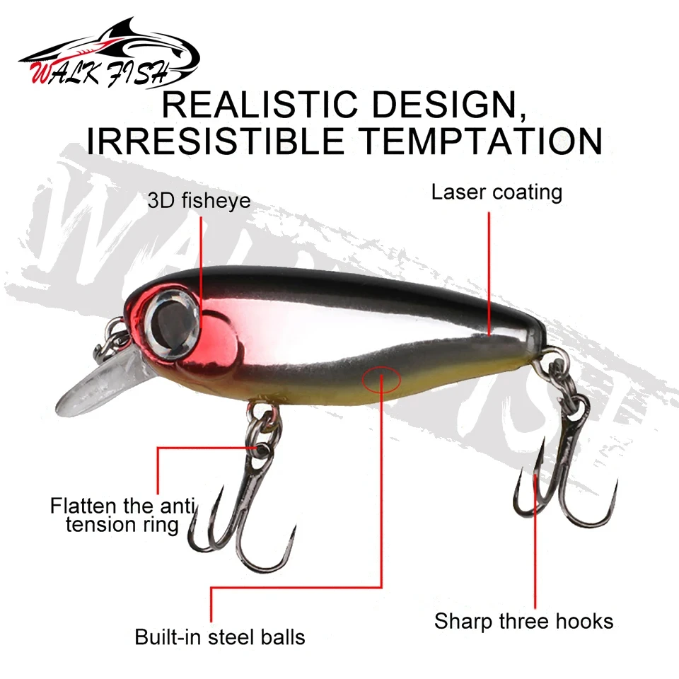WALK FISH-Mini cebo duro para pesca, 1 piezas, 43mm, 3g, Minnow de hundimiento pequeño, Señuelos de Pesca de manivela, lubina, aparejos de agua dulce y salada - imagen 2
