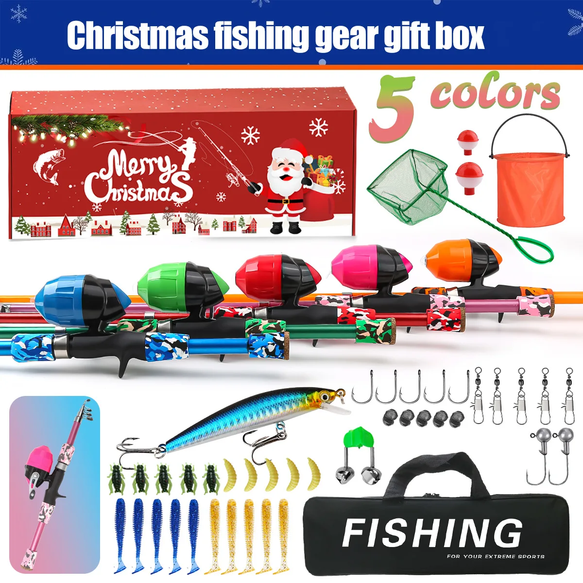 Kit de pesca infantil caña telescópica de camuflaje con carrete y red