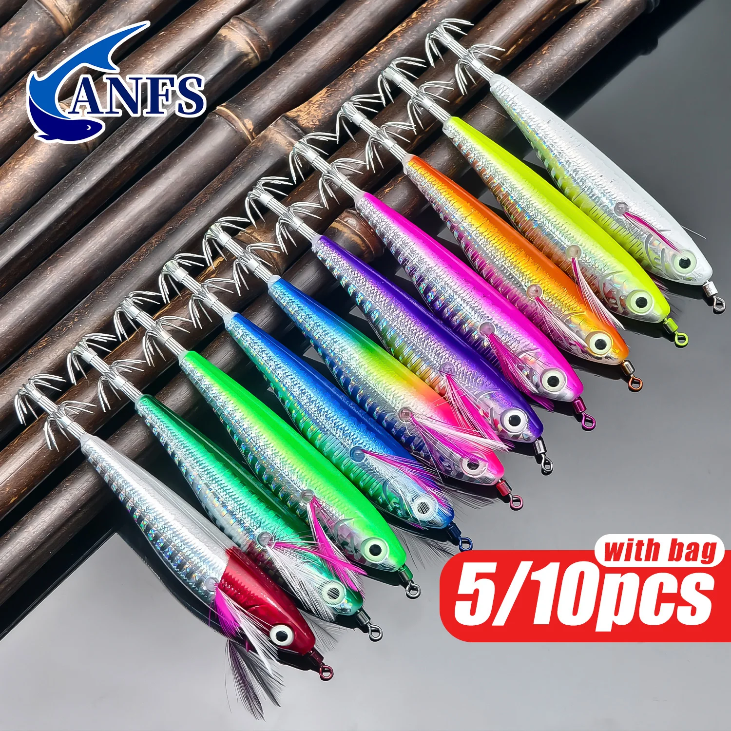 ANFS Señuelos horizontales para camarones, plantilla de calamar, señuelos de gambas para pesca de pulpo y sepia, 5 uds./10 Uds. Con bolsa de almacenamiento - imagen 2