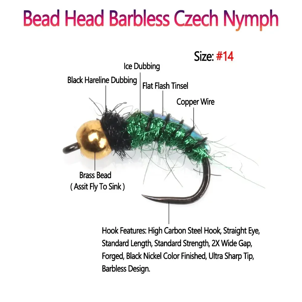 Bimoo 8PCS #14 Brass Bead Head Barbless Czech Nymph Flash Back Caddis Nymph Pupa Wet Fly For Trout Grayling Fishing Lures - imagen 2