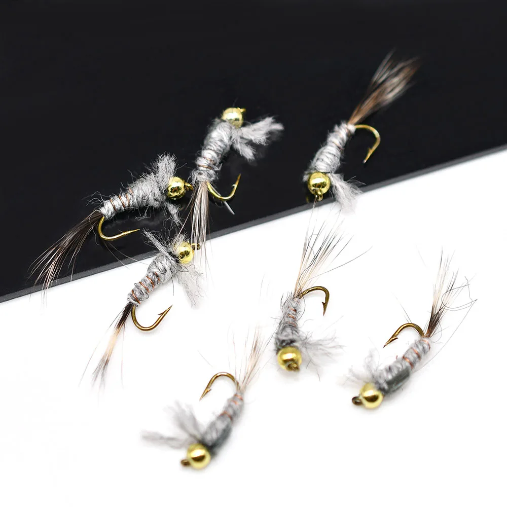 MNFT 10PCS 12 #   Cabeza de cuentas doradas Oreja de liebre gris Cola negra Ninfa Mosca Trucha Cebos de pesca con mosca - imagen 5