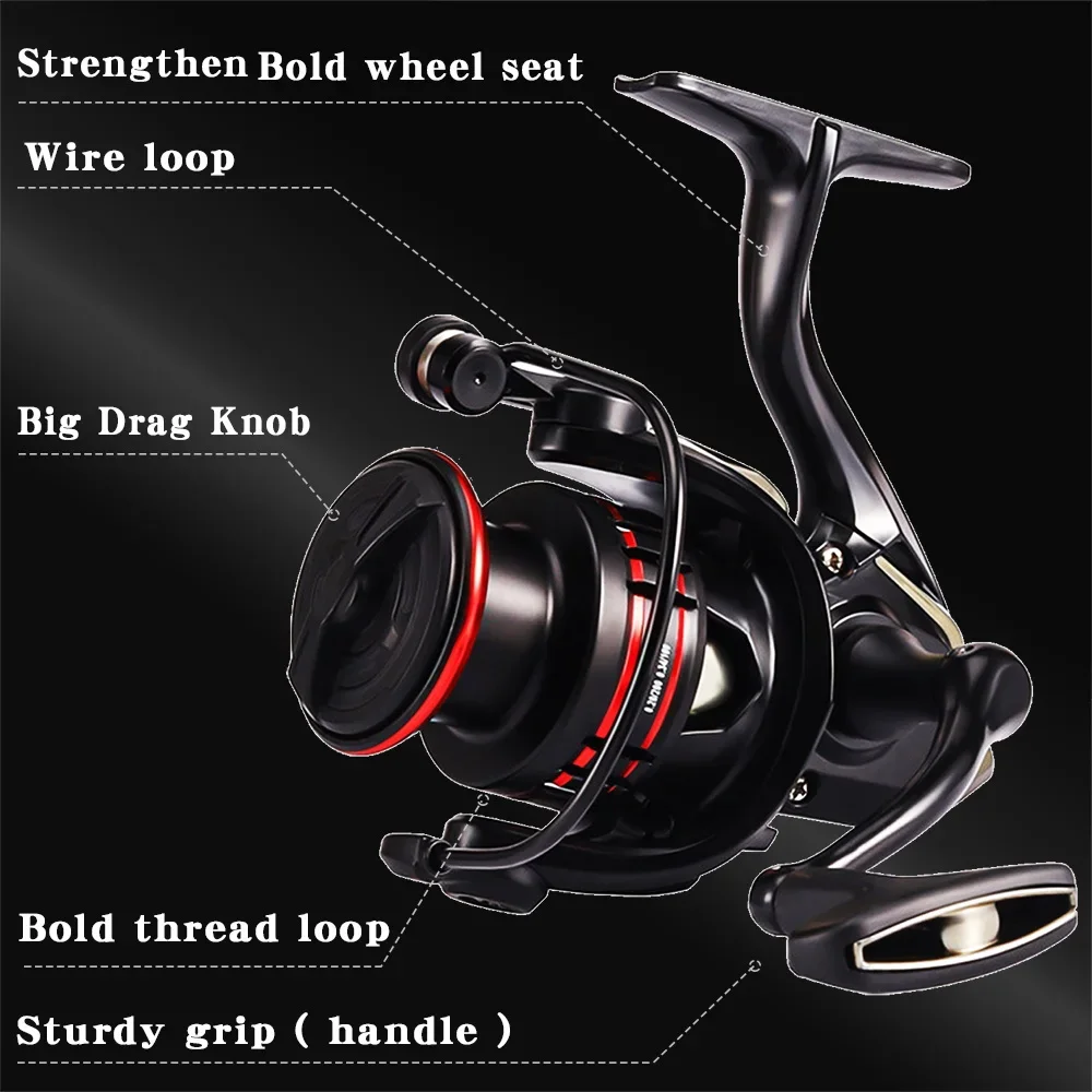 Carrete de Pesca giratorio JK1000-7000, engranaje de carrete de arrastre máximo de 12KG, relación 5,2: 1, rueda de rodamiento sin costuras, para carpa de agua salada marina - imagen 4