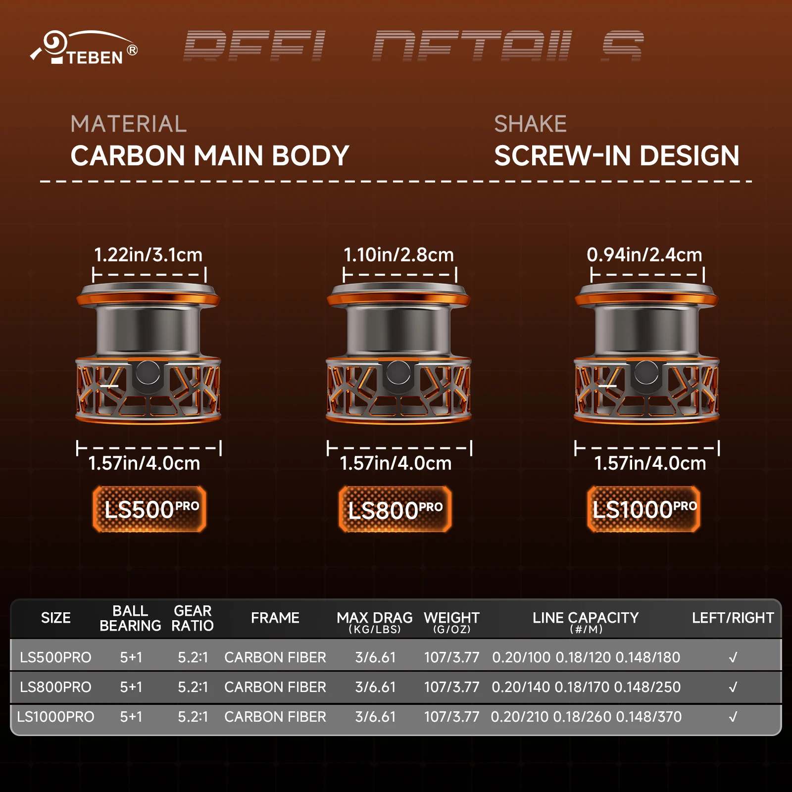 TEBEN-carrillos de pesca ligeros con llama de fibra de carbono, 109G, 5 + 1BB, 6,61 libras, arrastre máximo, relación de engranaje 5,2: 1, ultraligero para pesca - imagen 2