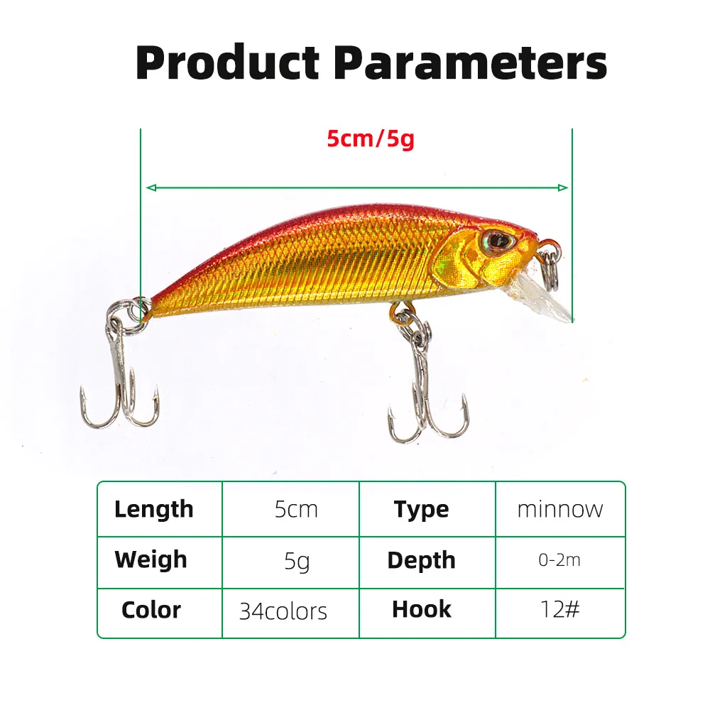 Señuelo de pesca de 34 colores, 5g/5cm, pececillo que se hunde, ojos 3D, curricán láser, cebo de plástico Buzz con 2 anzuelos Trible - imagen 2