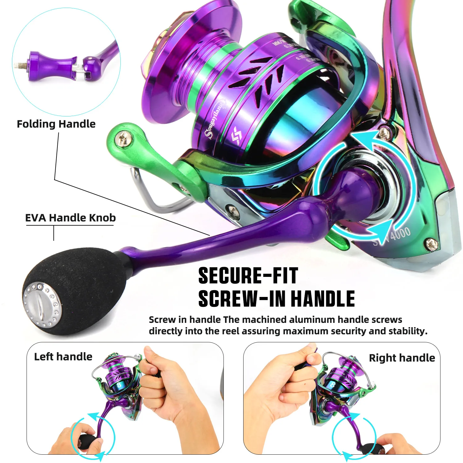 Carrete de Pesca Giratorio Sougayilang 1000-5000, Relación de Velocidad 5.2:1, Empuñadura de EVA, Arrastre Máximo de 12 kg, Mango Derecho/Izquierdo, Carrete de Pesca de Carpa - imagen 4