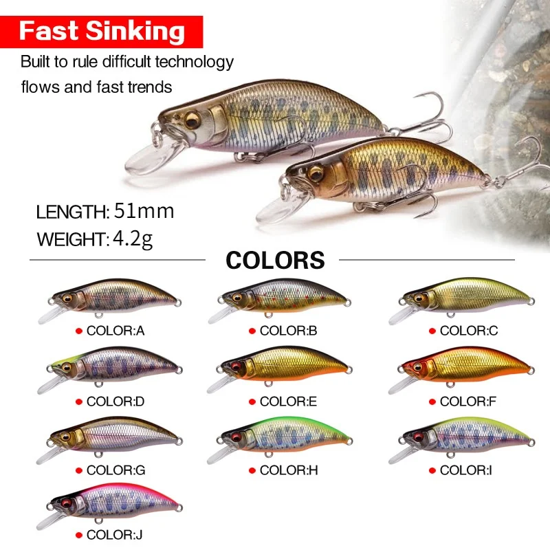 Señuelo de pesca de pececillo hundido, cebo duro Crankbait de alta calidad, diseño japonés, 51mm, 4,2g, para perca, Lucio, trucha, lubina, 1 unidad - imagen 5