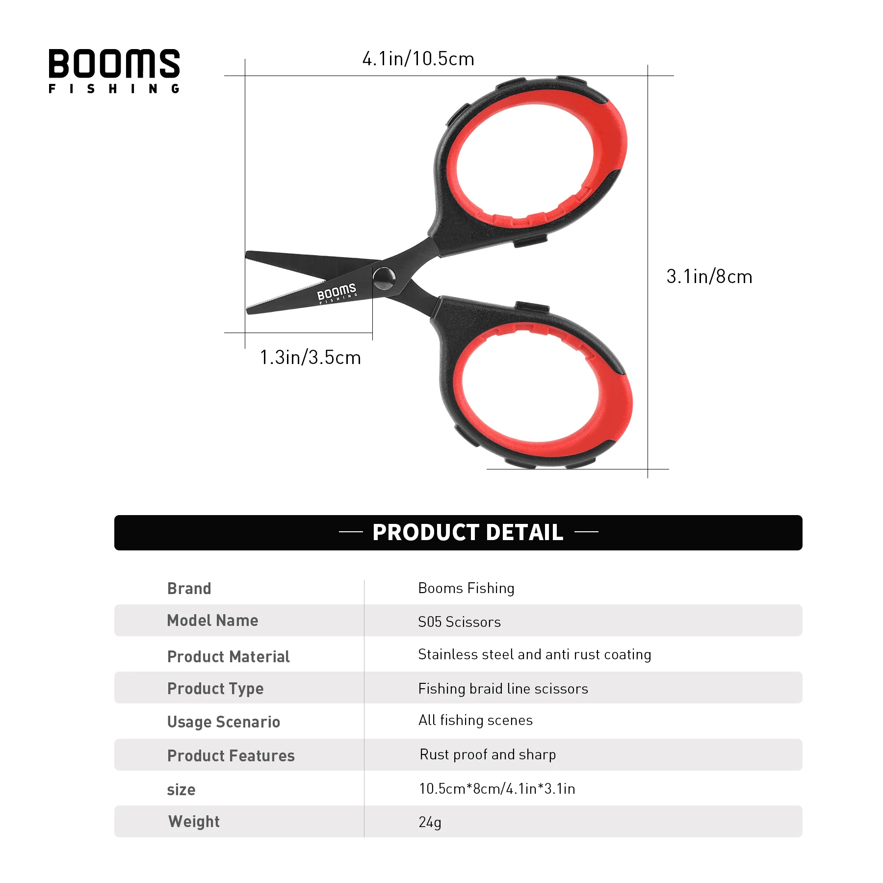 Booms Fishing S05 tijeras de alambre trenzado, acero inoxidable, recubrimiento de titanio, Mango antideslizante antioxidante, Herramientas afiladas de corte de línea de pescado - imagen 2