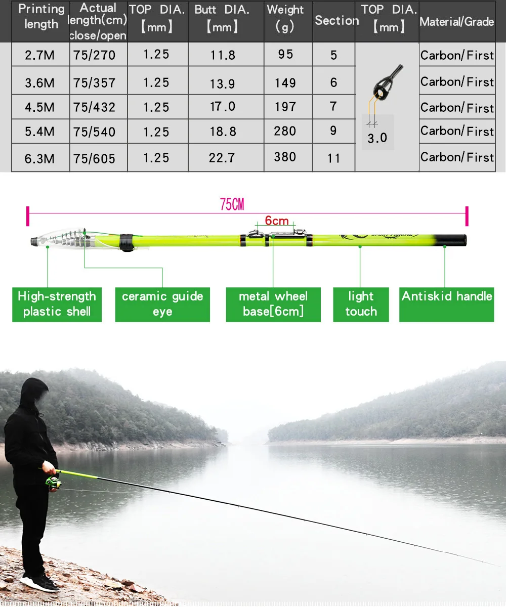 PROXPE-caña de pescar telescópica para Roca, flotador giratorio ultraligero de viaje de carbono para Pesca al aire libre, alimentador de carpa, poste 3,6/4,5/5,4/6,3 m - imagen 4