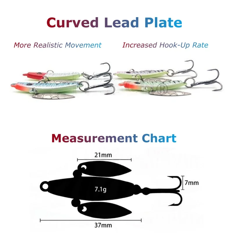 Plantilla de plomo curvada de 50mm y 7g, cuchillas giratorias dobles y anzuelo triple, cebo de fundición larga, acción realista, efecto luminoso que brilla en la oscuridad - imagen 2