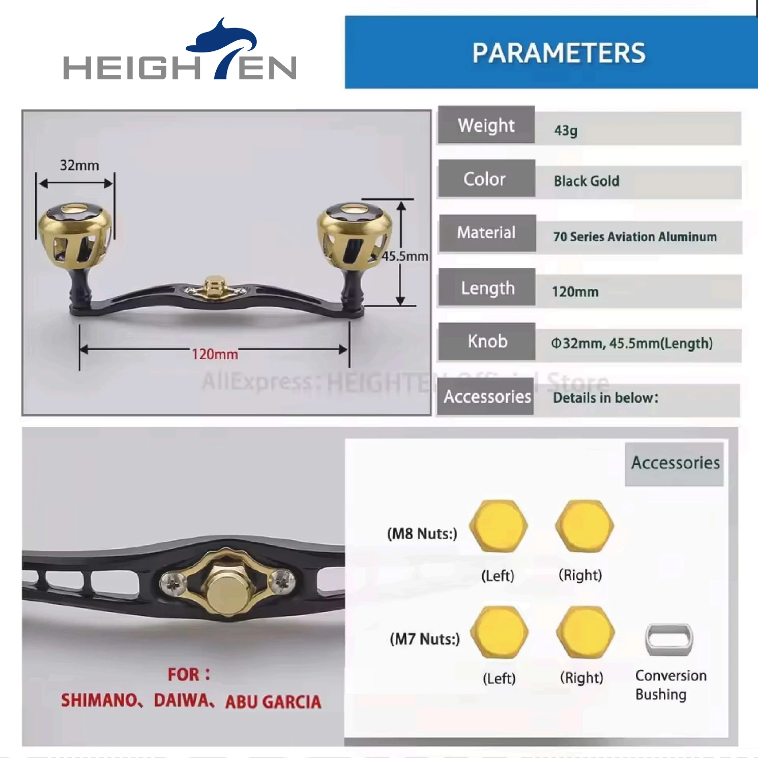 Manivela HEIGHTEN 120mm para carrete baitcasting – Perilla 32mm - imagen 2