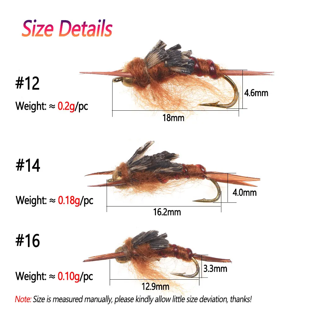 Bimoo-Señuelos de Pesca de latón Stonefly Nymph, Color marrón para trucha, lubina, Bluegill, perca, cabeza de acero, 6 uds., n. ° 12, N. ° 14, N. ° 16 - imagen 3